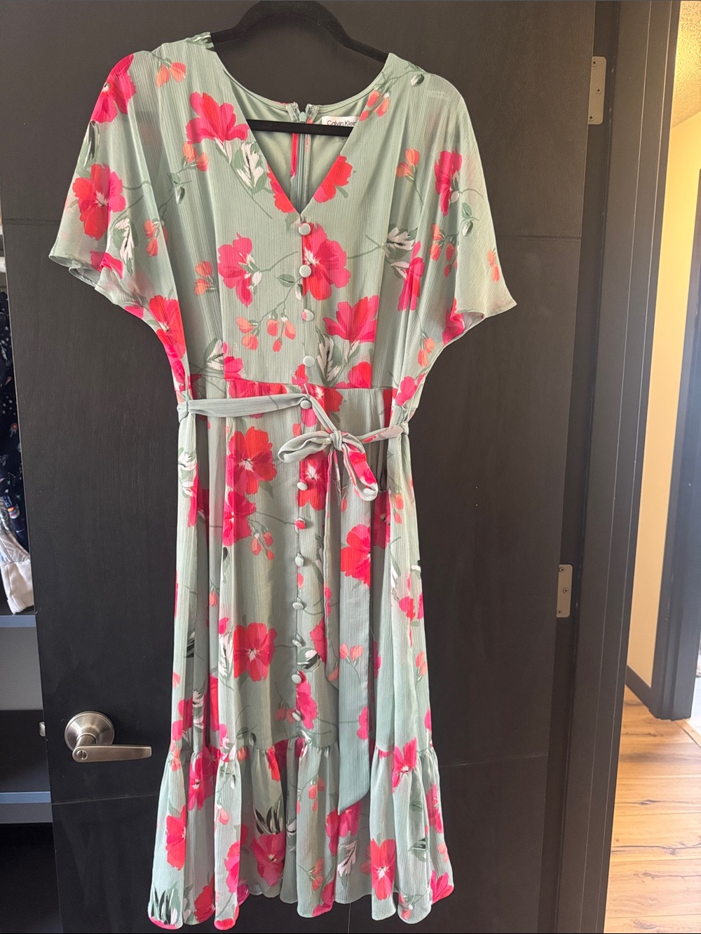 Calvin Klein Mint Green Midi Dress with Pink Floral Print